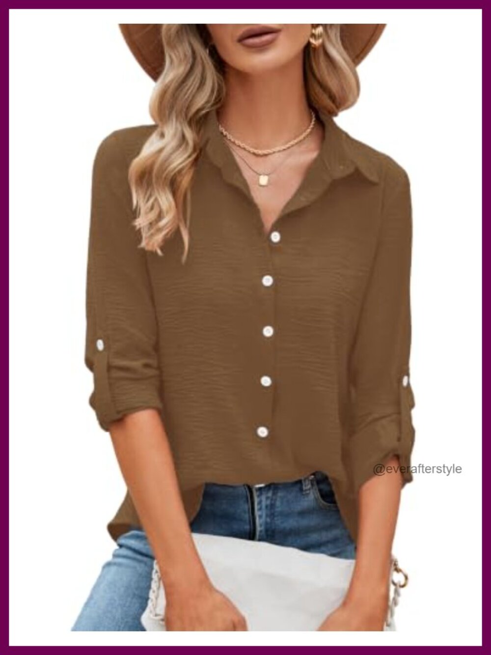 Womens Button Down Shirt Loose Fit Rolled 3/4 Sleeve Business Casual Blouse